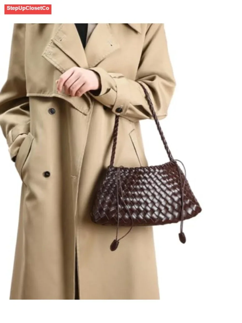 Woven Hobo Shoulder Bag Faux Leather Slouchy Tote Handbag Drawstring